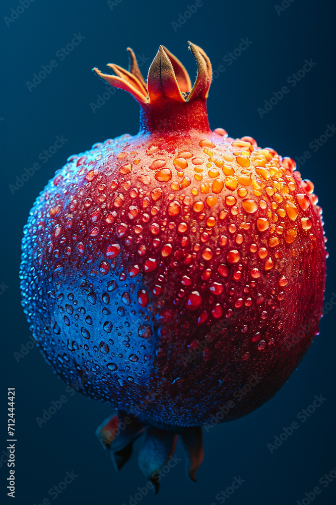 Poster an image of a pomegranate with seeds transitioning from fluorescent yellow to deep blue,