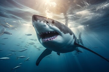 Captivating closeup of a majestic white shark, showcasing powerful presence underwater. Explore the awe-inspiring beauty of this apex predator in detail. wildlife enthusiasts and marine-themed project