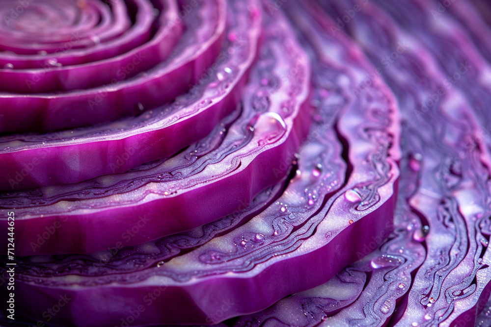 Poster a macro photograph of a red cabbage slice, emphasizing the delicate and thin layers that make up its