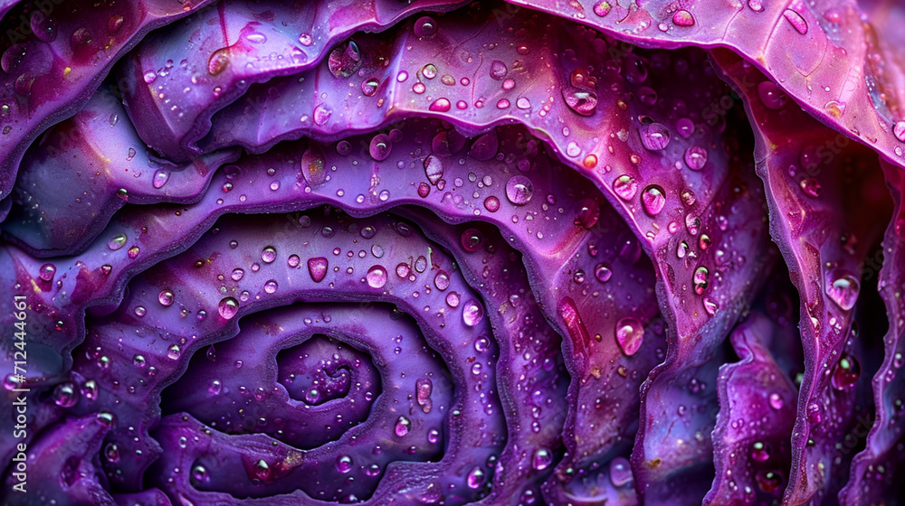 Poster an image of a red cabbage cross-section, capturing the subtle differences in color and texture betwe