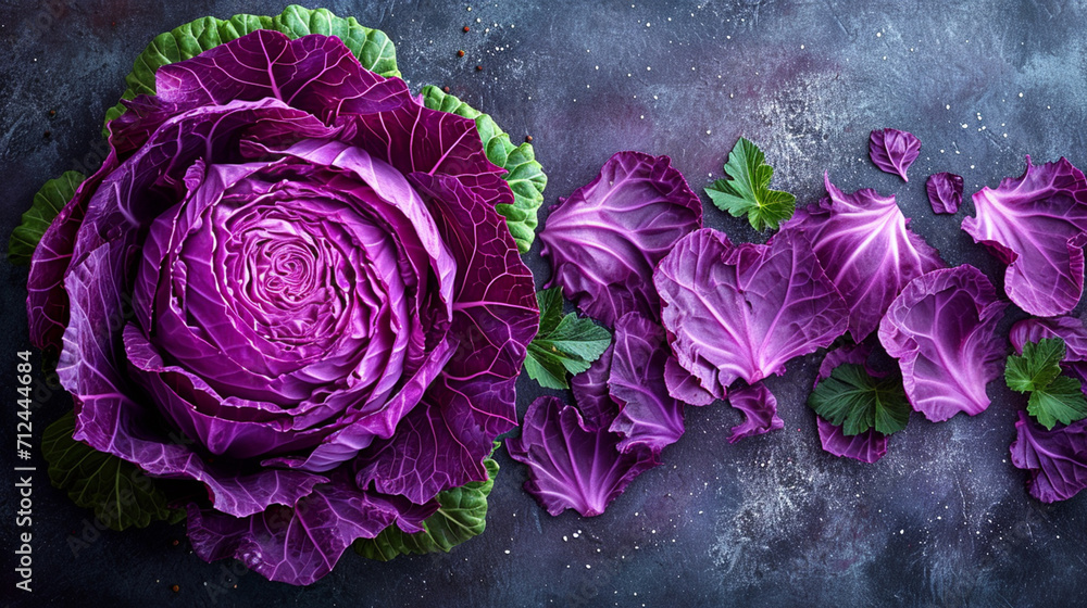 Poster an image of a red cabbage cut, showcasing the striking contrast between the densely packed inner lea