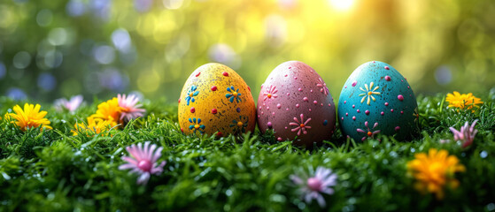 Fototapeta na wymiar Background, eggs and color for holiday, vacation and easter season with color, chocolate and celebration. Flowers, banner and decoration in abstract for creative wallpaper, advertisement and art.