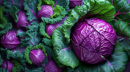 An image of a red cabbage cut, showcasing the striking contrast between the densely packed inner leaves and the looser outer ones, - obrazy, fototapety, plakaty