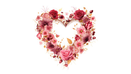 Flower wreath in heart shape cut out. Wreath with flowers watercolor style on transparent background