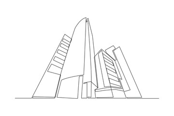 Continuous one line drawing of tall skyscraper buildings in big city. Business office building district hand drawn minimalist concept. Modern single line draw design vector graphic illustration