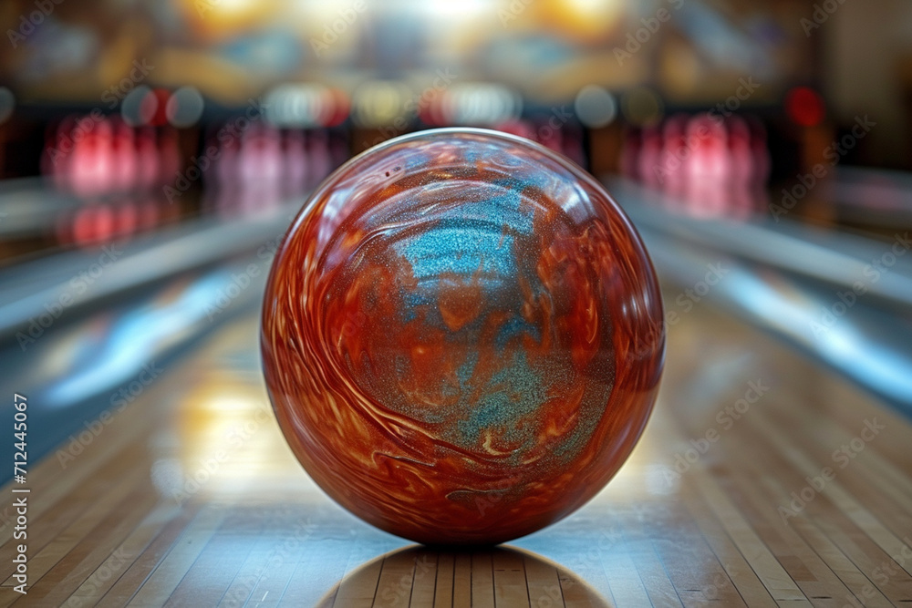 Poster an image of a bowling ball that changes colors and patterns as it rolls towards the pins,
