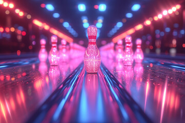 An illustration of a bowling game where the pins are holograms, disappearing when hit, - obrazy, fototapety, plakaty