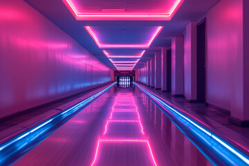 A depiction of a neon-lit bowling alley with lanes that curve and twist in impossible ways,