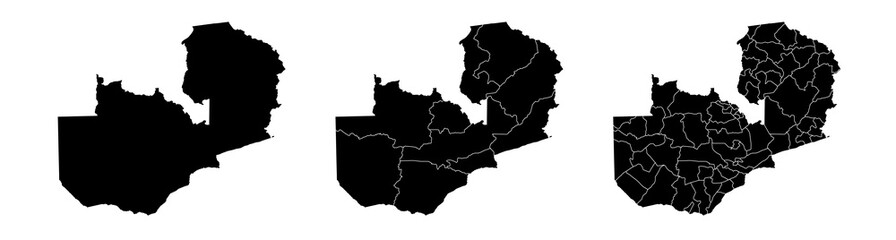 Set of isolated Zambia maps with regions. Isolated borders, departments, municipalities.
