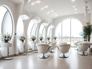 White beauty salon with chairs in rows and round mirror, panoramic window design.