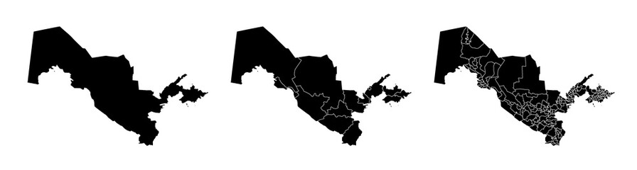 Set of isolated Uzbekistan maps with regions. Isolated borders, departments, municipalities. © Kostiantyn