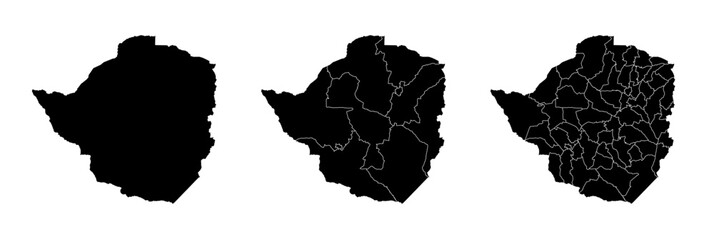 Set of isolated Zimbabwe maps with regions. Isolated borders, departments, municipalities.