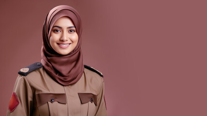 Malay woman in police uniform smiling isolated on pastel background