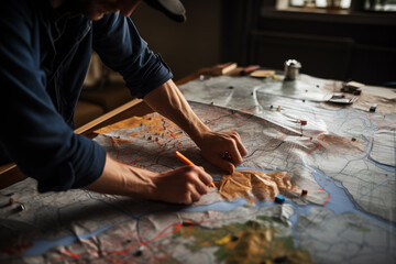 Obraz premium A man leans over a topographic map and makes marks, close up