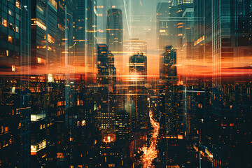 city skyline at night with Double exposure images - obrazy, fototapety, plakaty