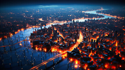 Italian Twilight Beauty: Aerial View of a Charming European City with Illuminated Streets and Water Reflections
