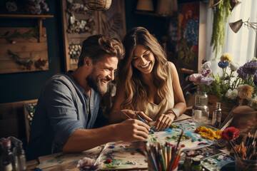 Beautiful young couple is painting on canvas and smiling while working in art studio - obrazy, fototapety, plakaty