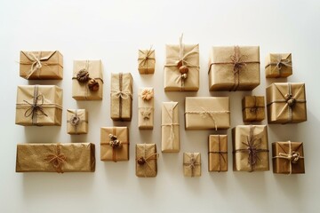 Grid of Christmas presents on a brown and white background, providing ample space for copy. Generative AI