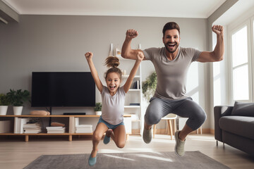 Happy father and daughter jumping on fitness mat in living room at home