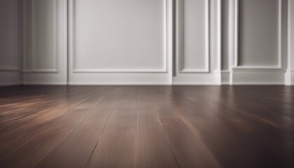 Dark Hardwood floor and white wall. Empty white room with wooden floor