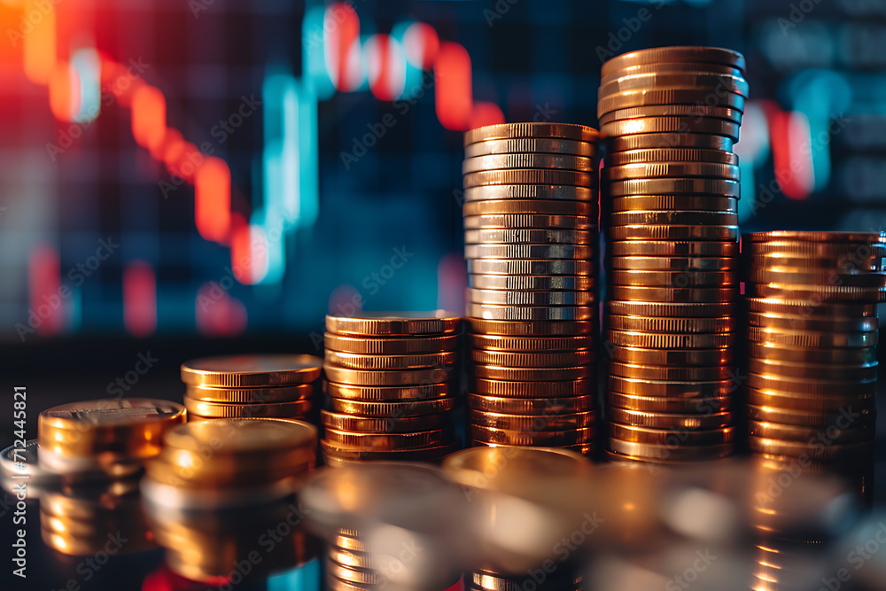 Poster stacks of coins with graph bar at the background for money and finance background