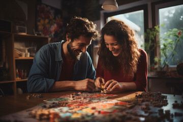 Young couple playing jigsaw puzzle at home. Focus on foreground.
