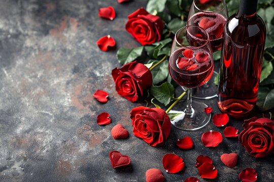 Romantic wine and roseheart backdrop. High-resolution image.