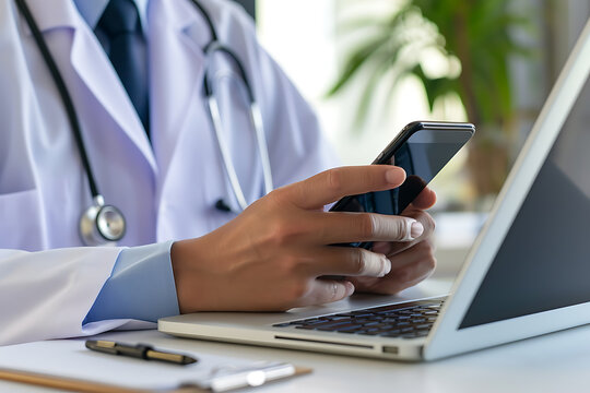 a doctor texting a phone and work 