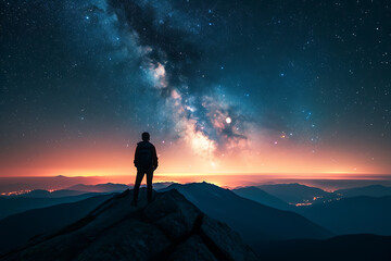 Fototapeta premium silhouette of a person standing on a mountain top with starry night sky