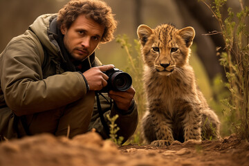 Male photographer with a lion cub in the wilderness of Africa. Wildlife photography