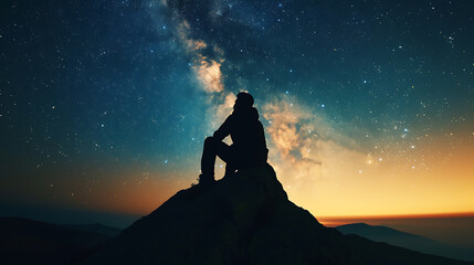 silhouette of a person sitting on a hill at night watching stars on the sky - obrazy, fototapety, plakaty