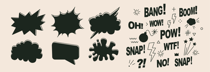 Obraz premium A pack of speech bubbles. Comic text sound effects set. Banner, poster, sticker concept. Expression funny style text Boom, Pow, Bang, Wow. Explosion. Vector cartoon messages. Abstract pop art style