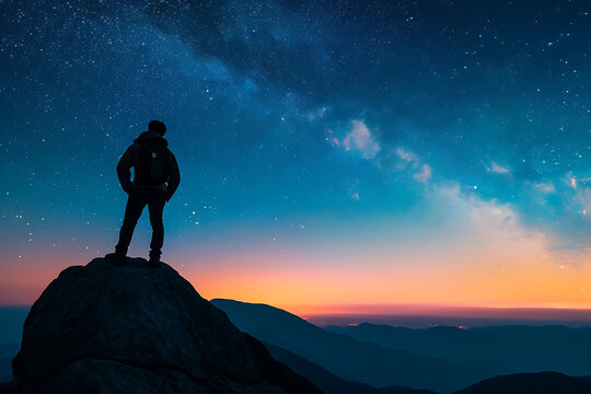 silhouette of a person on a rock of a mountain with dark night blue sky with stars