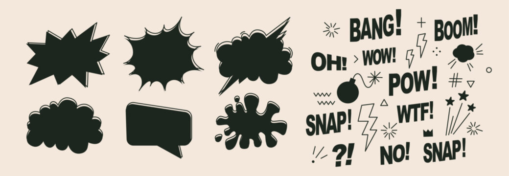 A pack of speech bubbles. Comic text sound effects set. Banner, poster, sticker concept. Expression funny style text Boom, Pow, Bang, Wow. Explosion. Vector cartoon messages. Abstract pop art style