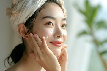 Naklejka premium portrait of a woman with a towel on her head applying skin care happily with bright background