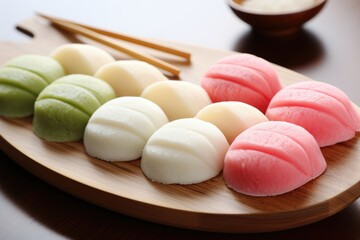 Mochi on japanese wooden plate. ai generated