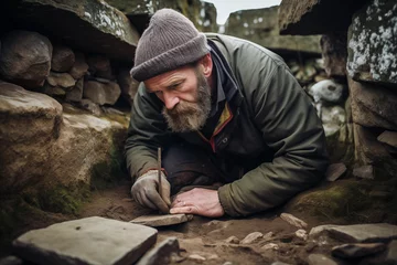 Foto op Canvas Handsome bearded archaeologist excavating among moss-covered stones outdoors © Татьяна Евдокимова