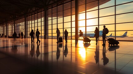 Silhouettes of people at airport hall, some passengers with luggage, airplane visible behind large windows.