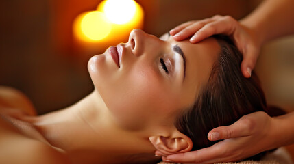 woman relaxing in spa doing a head massage for relaxation