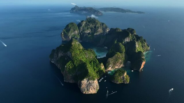 View from above, stunning aerial view of Ko Phi Phi Lee, a ring of steep limestone hills surrounding Maya Bay. Andaman Sea, Krabi, Thailand.