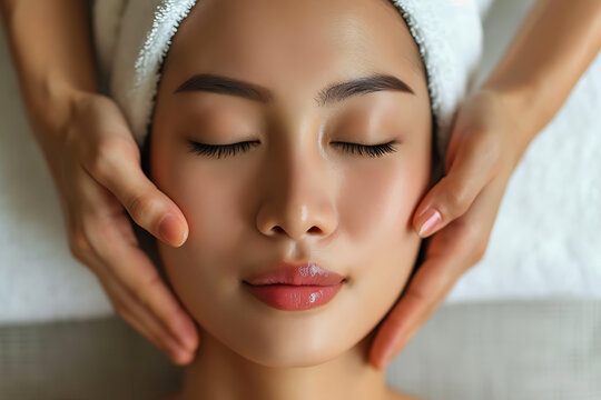 portrait of a beautiful woman in spa doing a facial massage