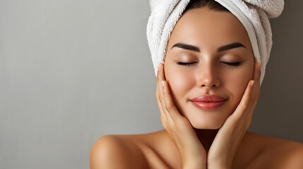 portrait of a beautiful woman touching her face for skin care routine with smile and towel on her hair