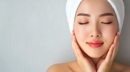 portrait of a woman with a towel on her head and hands touching her face after applying moisturizer 
