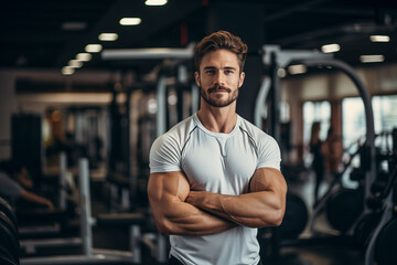 Fototapeta premium Portrait of a handsome young man in sportswear standing with arms crossed in gym