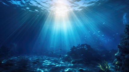 Fototapeta na wymiar Underwater Ocean - Blue Abyss With Sunlight