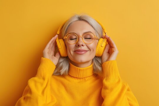 Happy 55 years old female senior doing hearing test with headphones at audicien, minimal coloured background, yellow colours