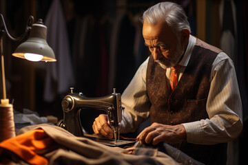 An elderly man works at a sewing machine in a sewing workshop