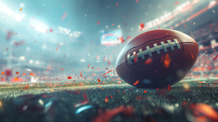 Super Bowl Nightfall. A glistening football lies amidst a field of confetti, basking in the radiant glow of stadium lights - obrazy, fototapety, plakaty