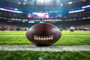 Game Day Essence. Close-up of an American football on the lush field with stadium lights looming in the background, capturing the spirit of Super Bowl Sunday - obrazy, fototapety, plakaty