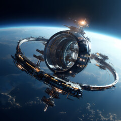 Futuristic space station orbiting a distant planet